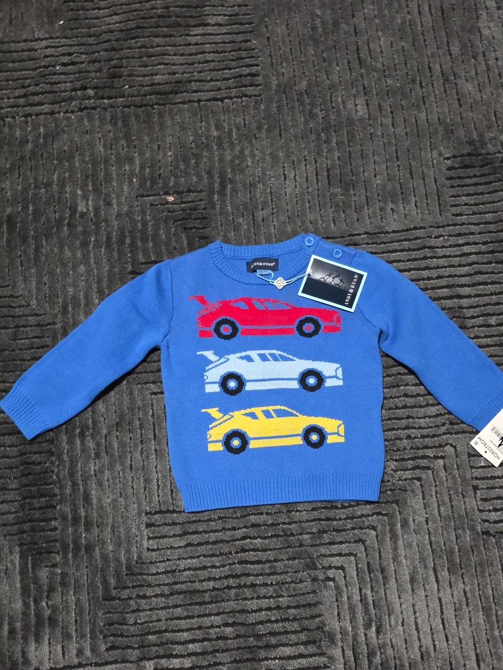 Blue Kids Sweater with Red White and Yellow Race Cars
